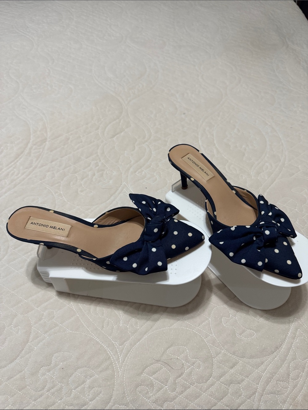ANTONIO MELANI Navy Polka Dot Bow Pointed Toe Mules